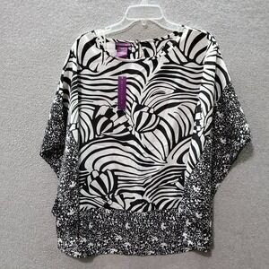 Beverly Drive Women Top 1X White Black Floral Blouse Abstract‎ Pullover NWT
